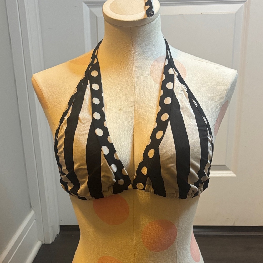 Black and White Striped and Polka Dot Halter Bikini Top